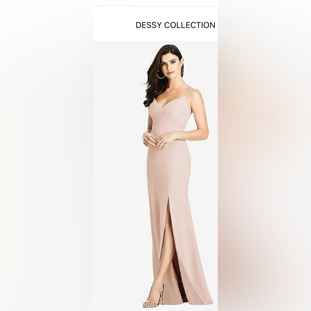 The Dessy Group Seamed Bodice Crepe Trumpet Gown with Front Slit in Cameo